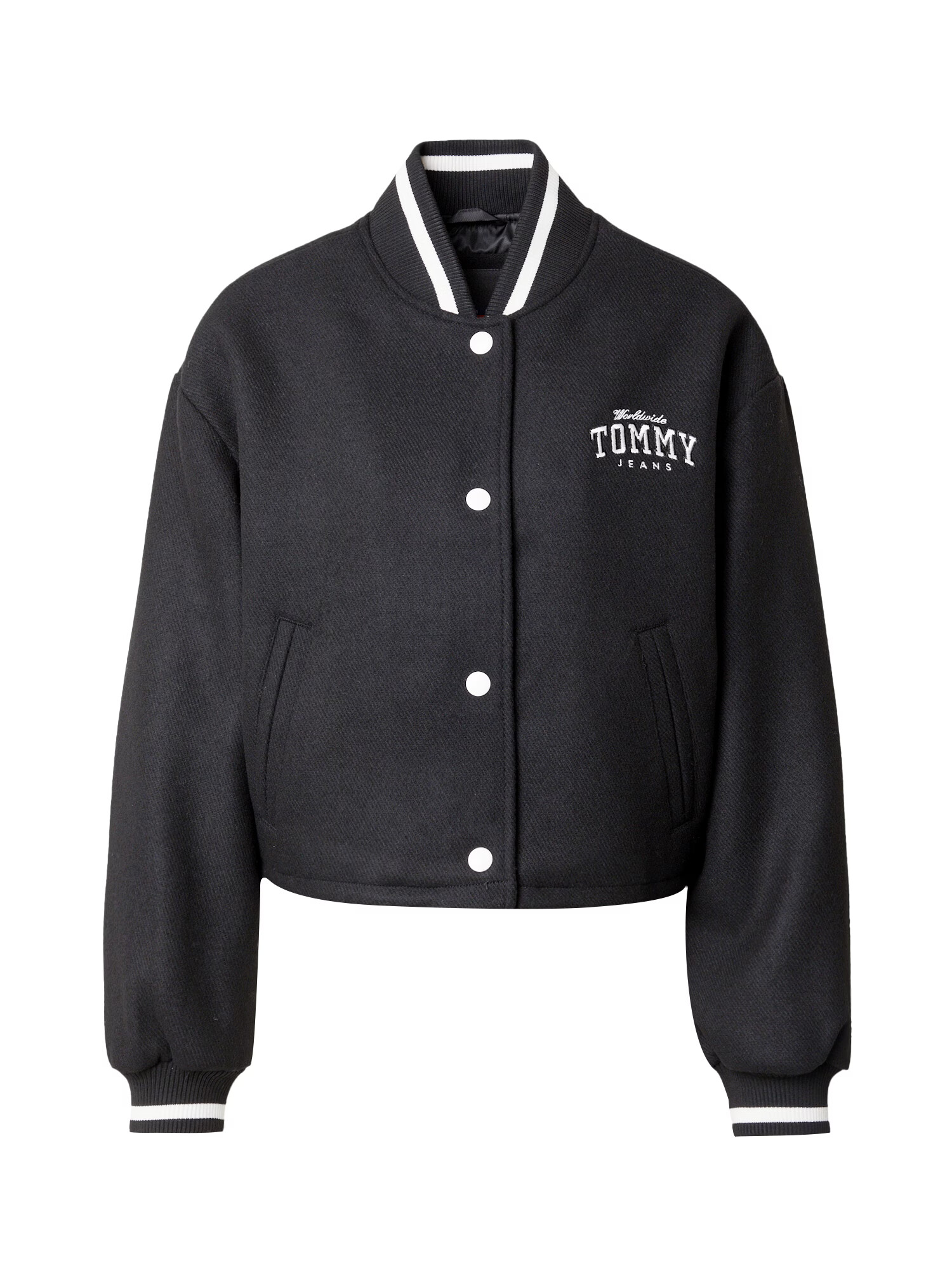 Tommy Jeans Geacă de primăvară-toamnă 'Varsity' negru / alb - Pled.ro