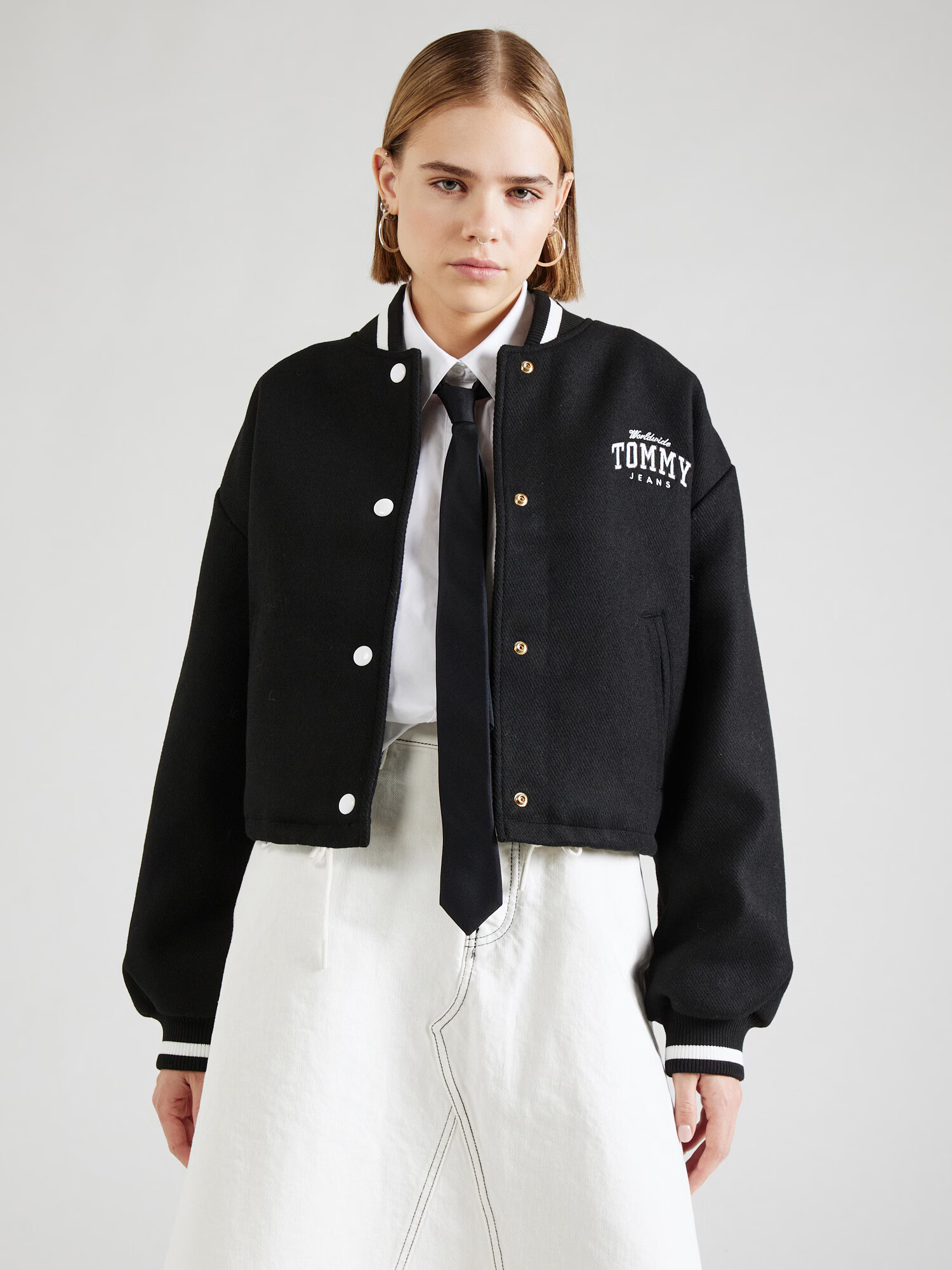 Tommy Jeans Geacă de primăvară-toamnă 'Varsity' negru / alb - Pled.ro