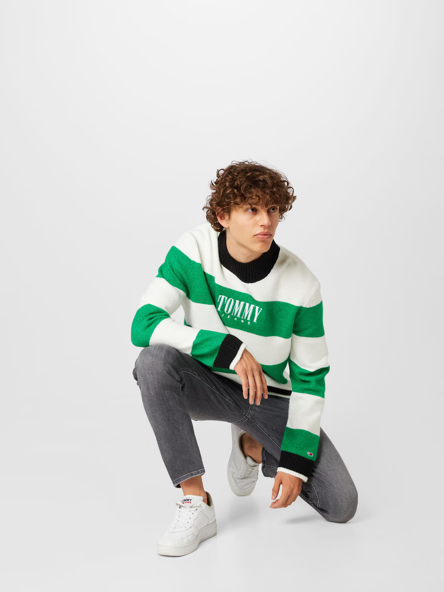 Tommy Jeans Pulover verde iarbă / negru / alb - Pled.ro