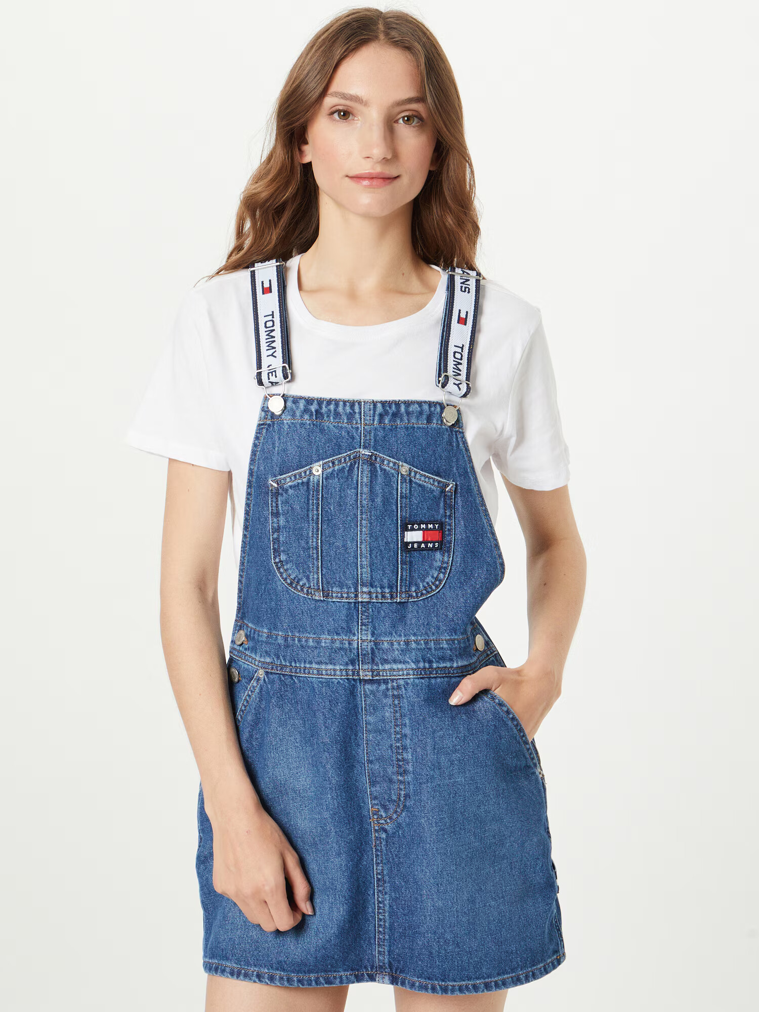 Tommy Jeans Salopetă rochie scurtă bleumarin / albastru denim / roșu / alb - Pled.ro