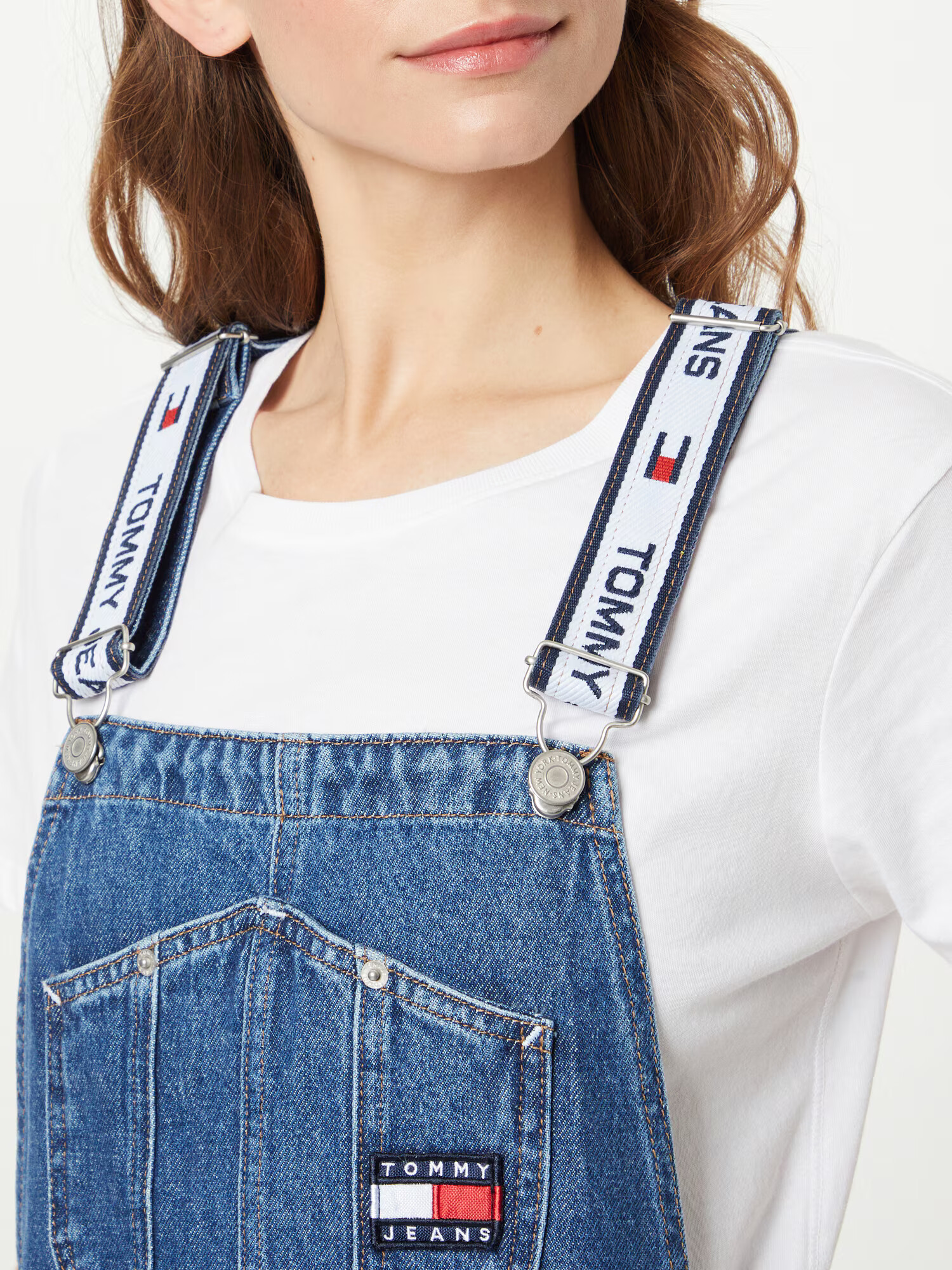 Tommy Jeans Salopetă rochie scurtă bleumarin / albastru denim / roșu / alb - Pled.ro