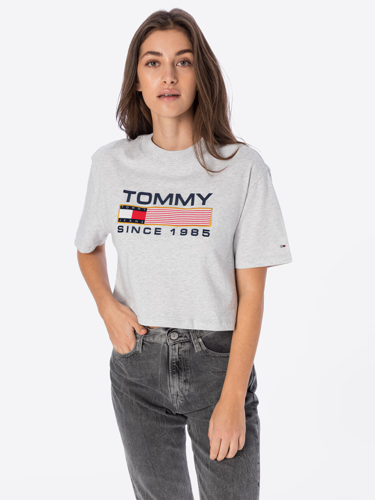 Tommy Jeans Tricou bleumarin / gri amestecat / roșu / alb - Pled.ro