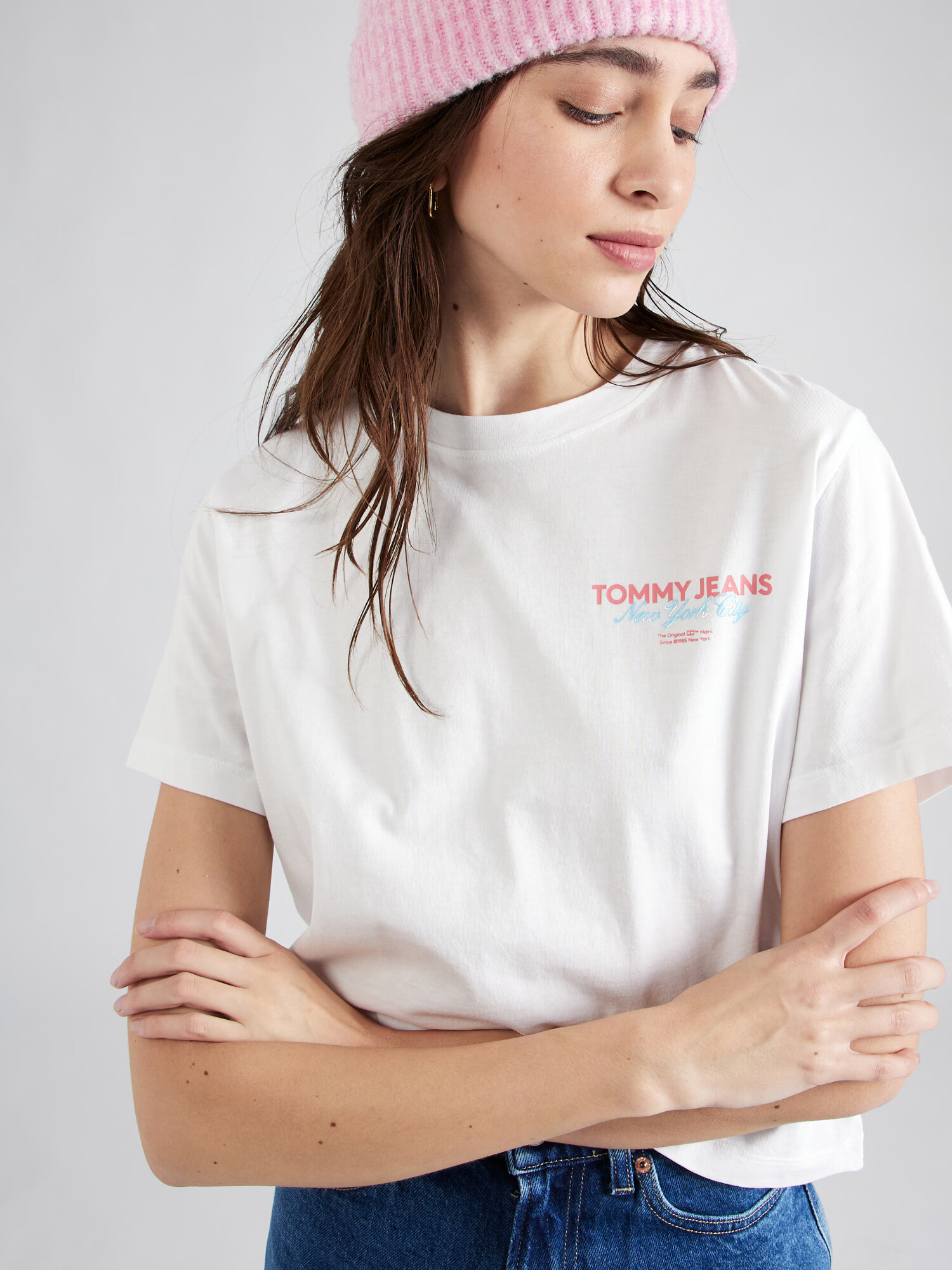 Tommy Jeans Tricou 'ESSENTIAL' albastru deschis / rosé / alb - Pled.ro