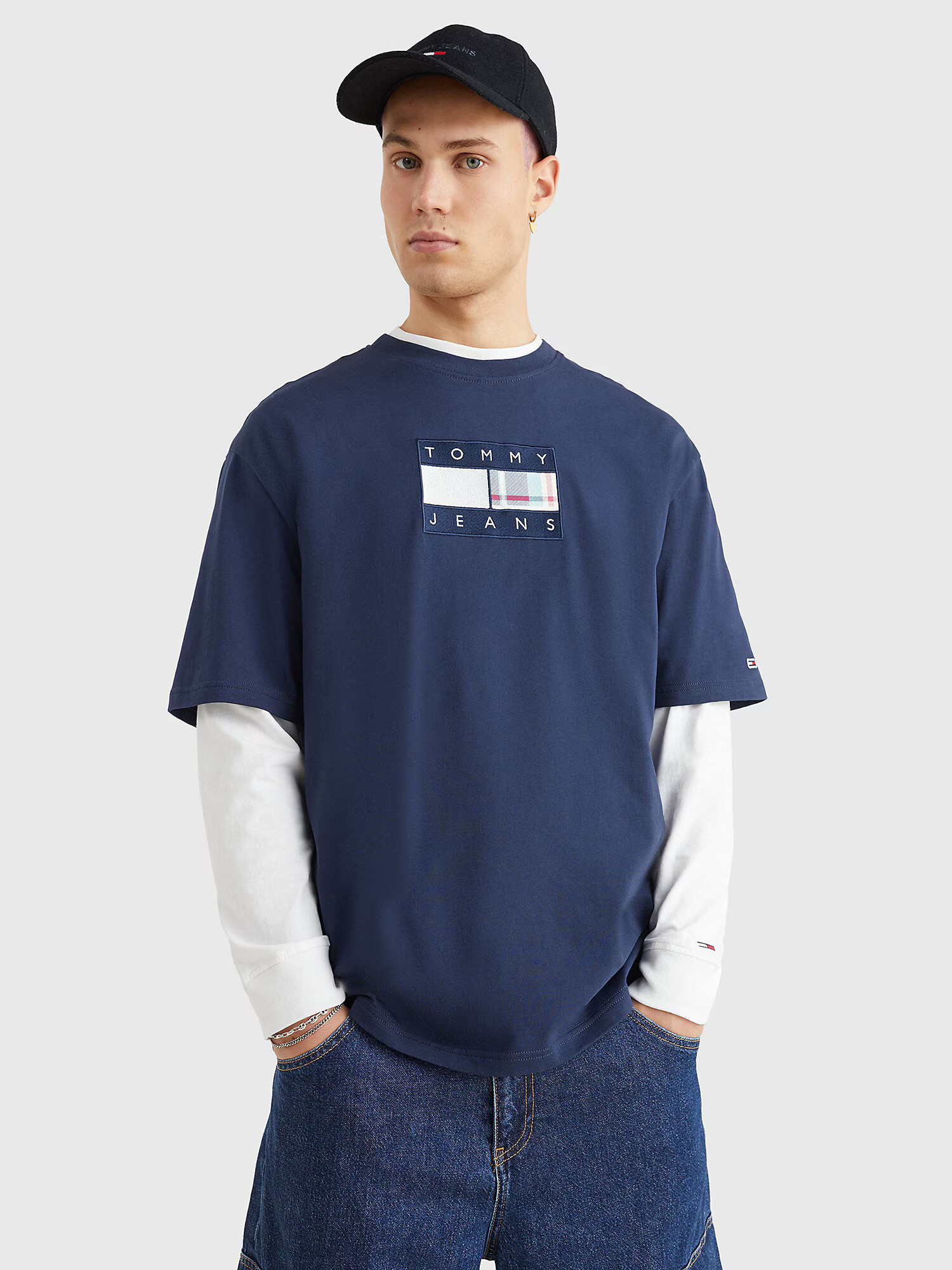 Tommy Jeans Tricou 'Tartan' bleumarin / roz / alb - Pled.ro