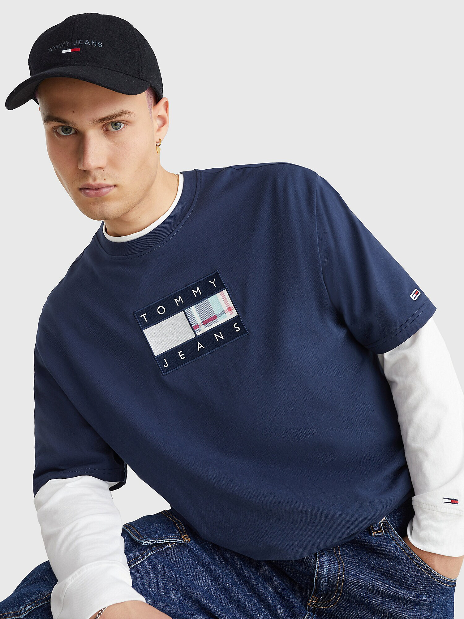 Tommy Jeans Tricou 'Tartan' bleumarin / roz / alb - Pled.ro