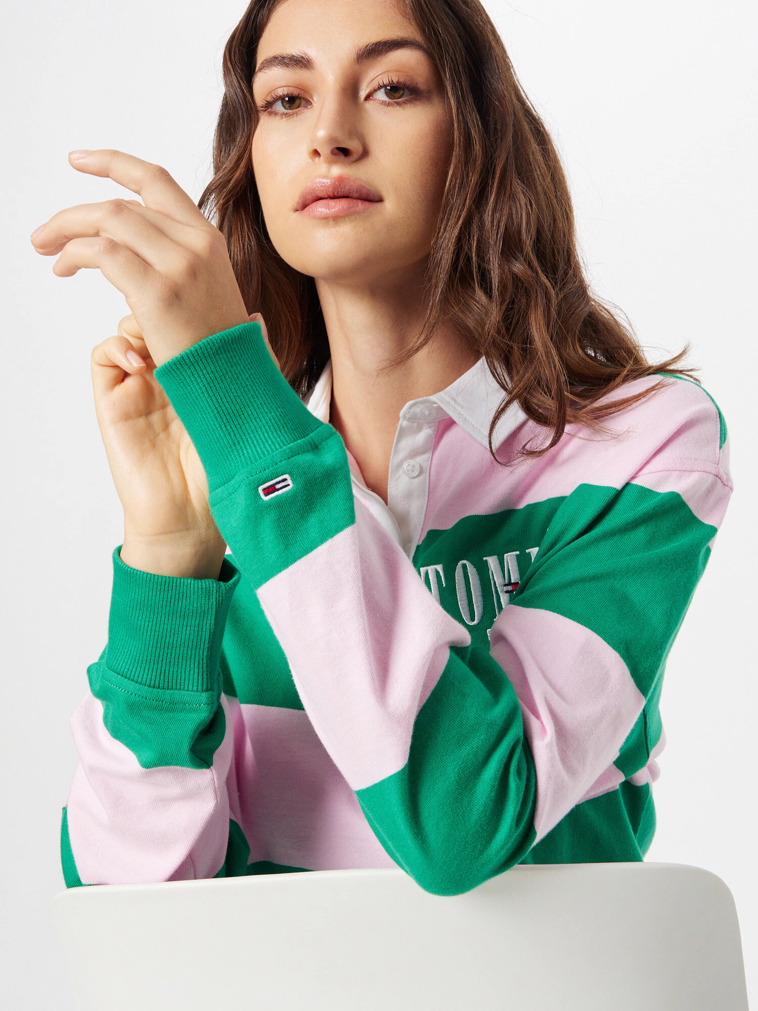 Tommy Jeans Tricou verde / roz pastel / alb - Pled.ro