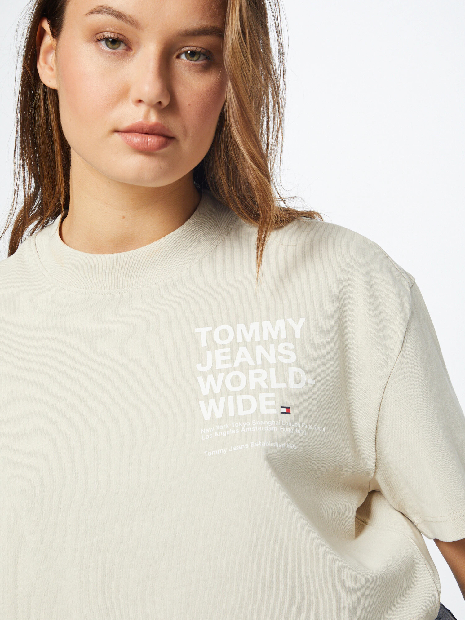 Tommy Jeans Tricou 'Worldwide' bej / bleumarin / roșu / alb - Pled.ro