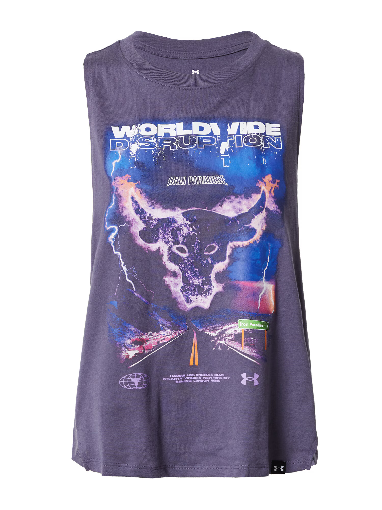 UNDER ARMOUR Sport top 'PJT ROCK WORLDWIDE' albastru / mov prună / mov liliachiu / alb - Pled.ro