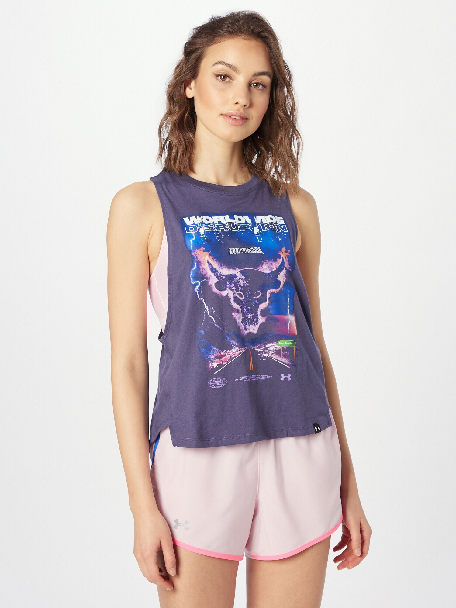 UNDER ARMOUR Sport top 'PJT ROCK WORLDWIDE' albastru / mov prună / mov liliachiu / alb - Pled.ro