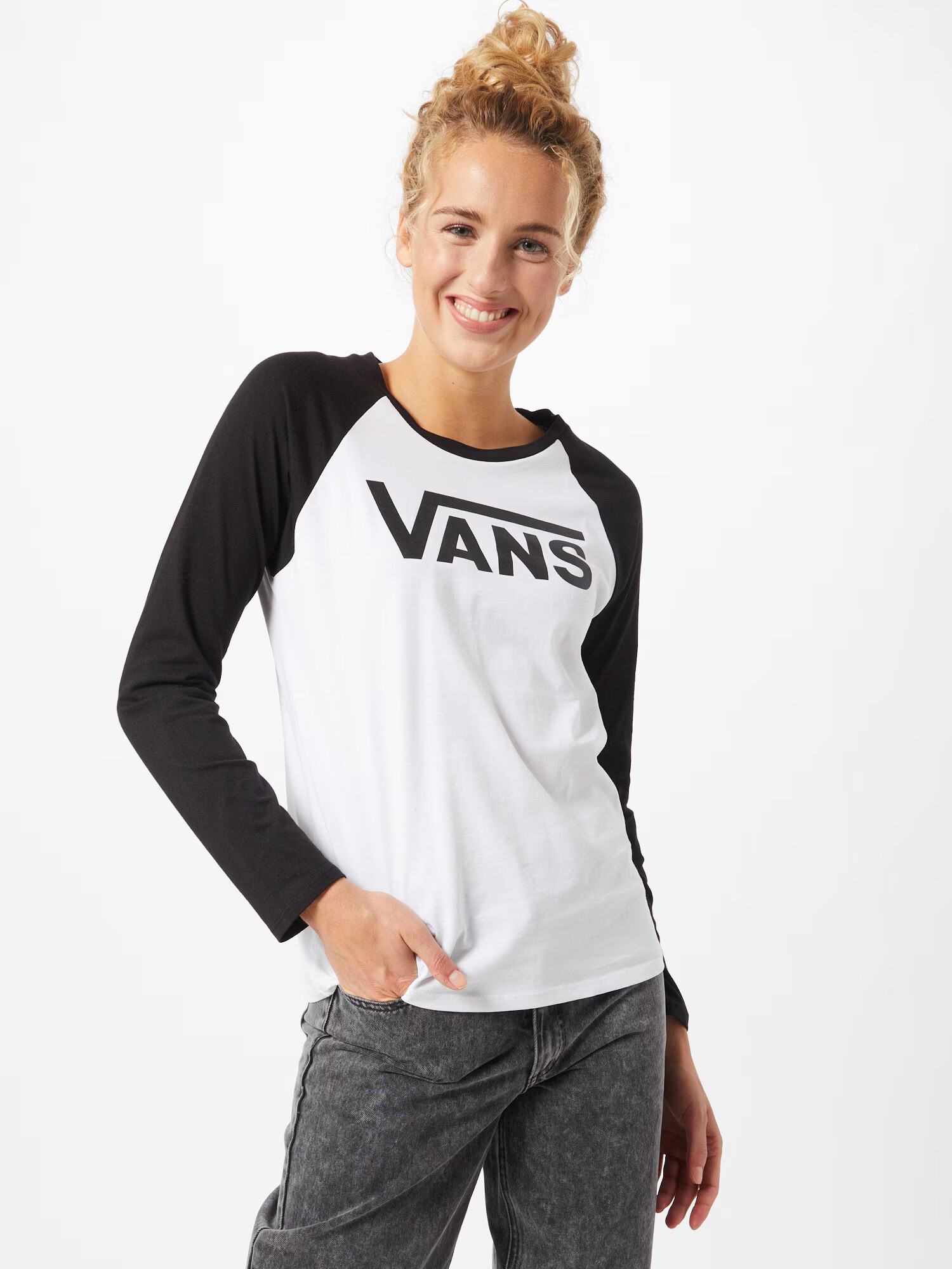 VANS Tricou 'WM FLYING V LS RAGLAN' negru / alb - Pled.ro