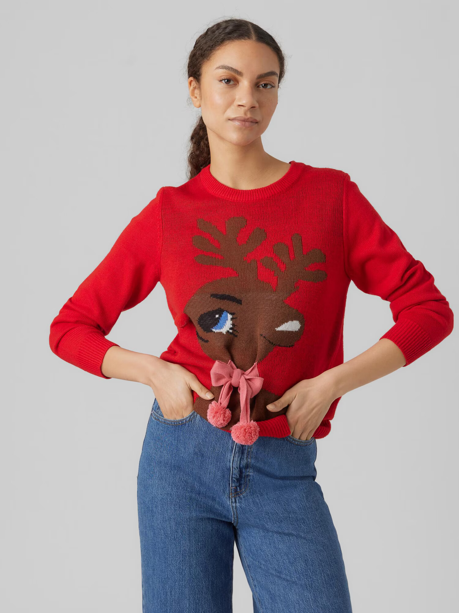 VERO MODA Pulover 'CUTE DEER' maro închis / roz / roșu / alb - Pled.ro