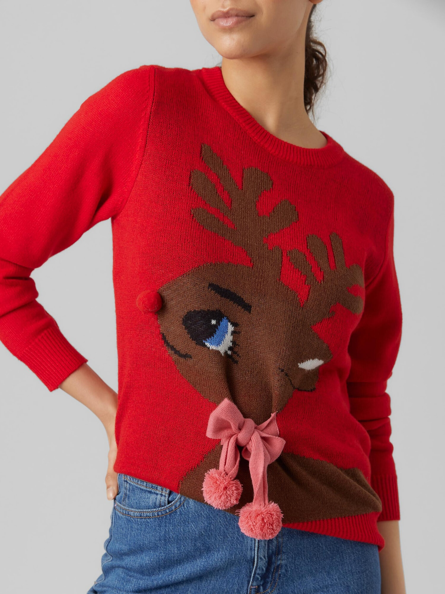 VERO MODA Pulover 'CUTE DEER' maro închis / roz / roșu / alb - Pled.ro