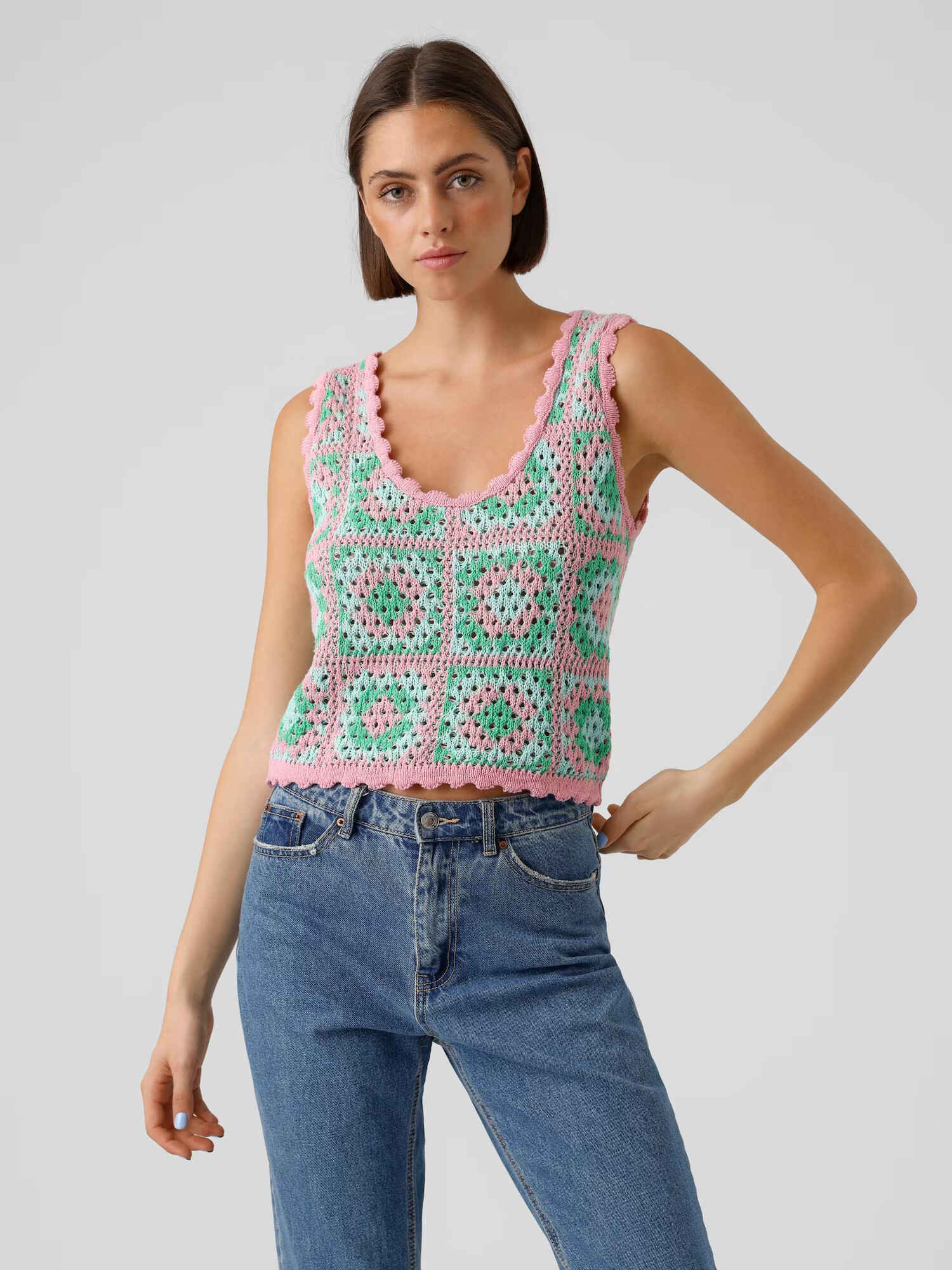 VERO MODA Top brodat 'Vea' albastru deschis / verde / roz - Pled.ro