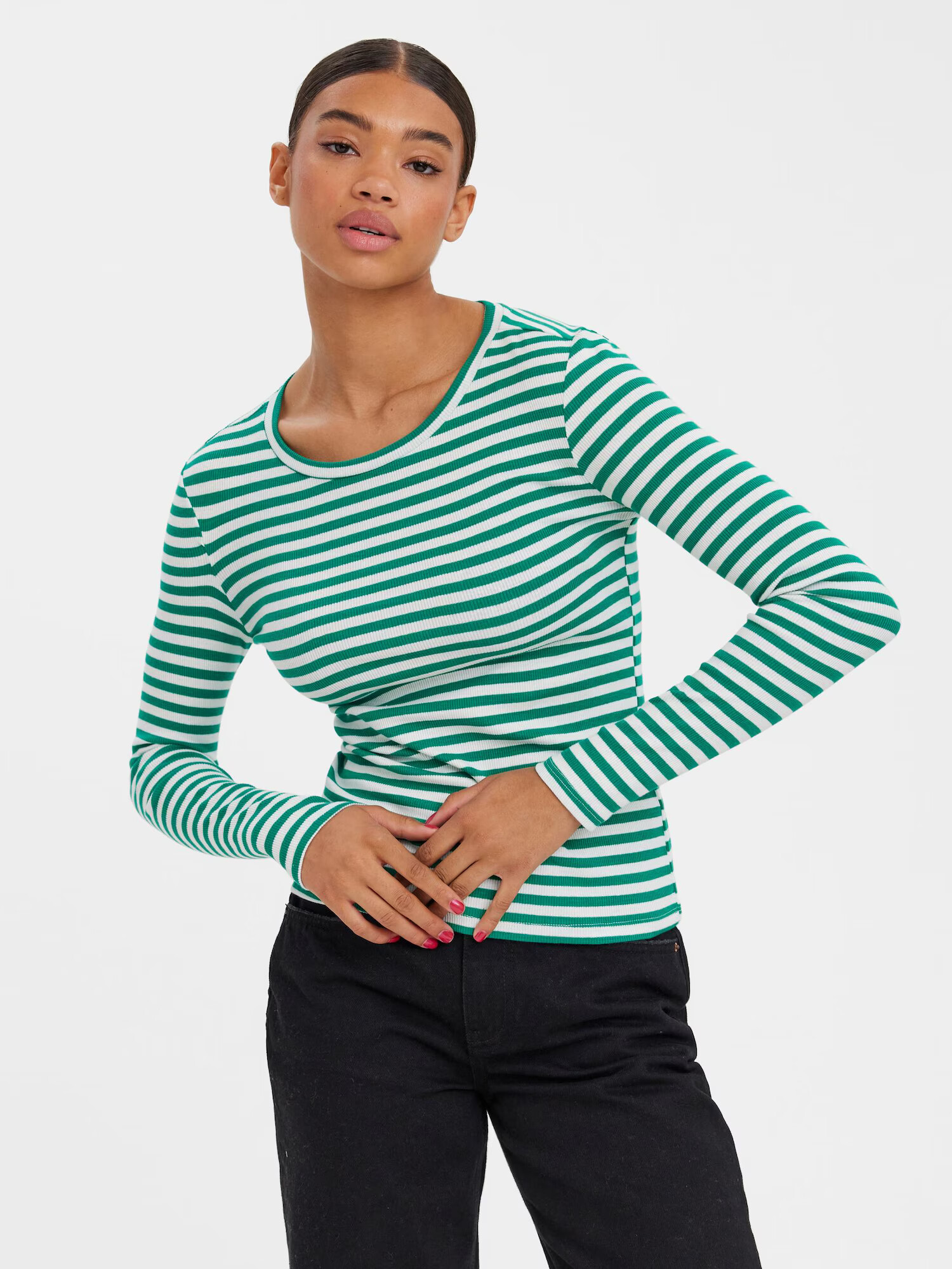 VERO MODA Tricou 'Natasha' verde iarbă / alb - Pled.ro