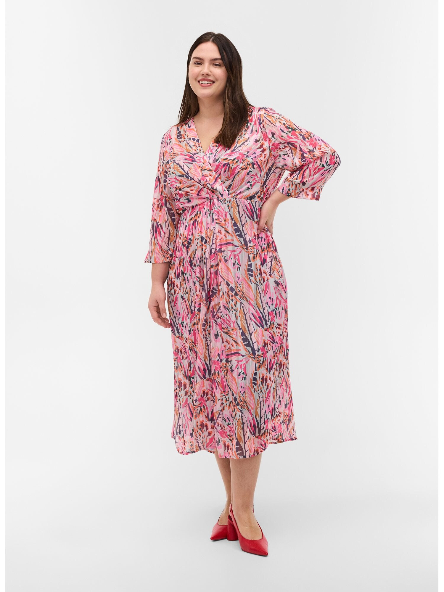 Zizzi Rochie 'Katty' gri deschis / corai / fucsia / roz deschis / negru - Pled.ro