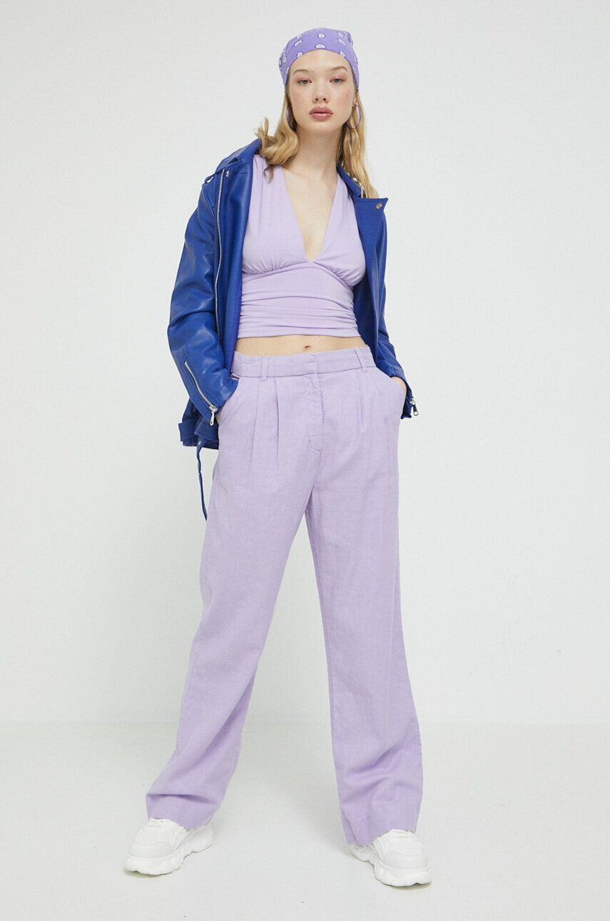 Abercrombie & Fitch pantaloni din in culoarea violet lat high waist - Pled.ro