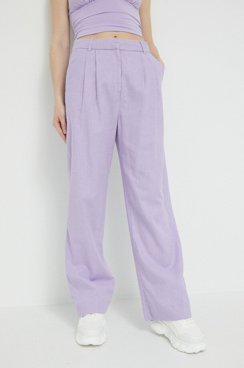 Abercrombie & Fitch pantaloni din in culoarea violet lat high waist - Pled.ro