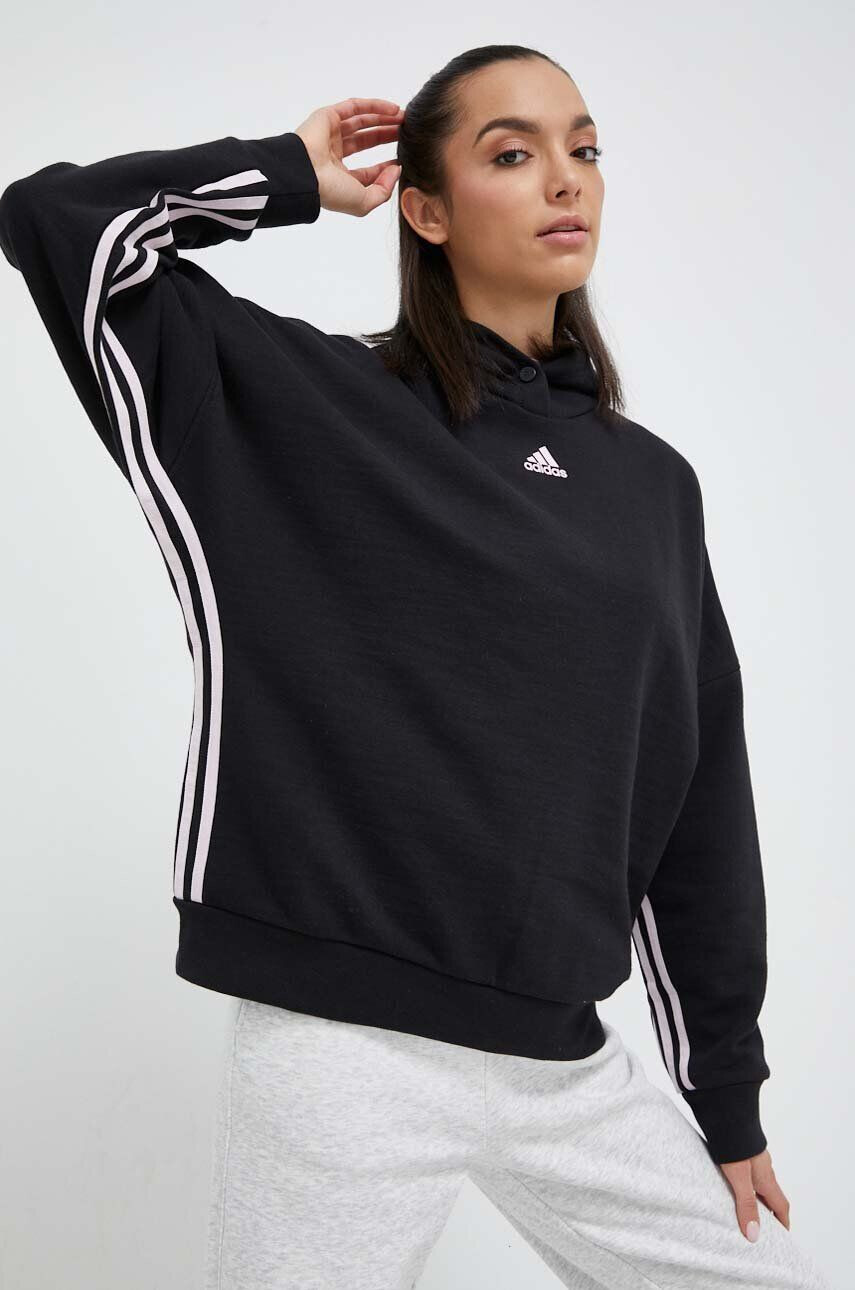 adidas bluza femei culoarea negru cu glugă cu imprimeu - Pled.ro