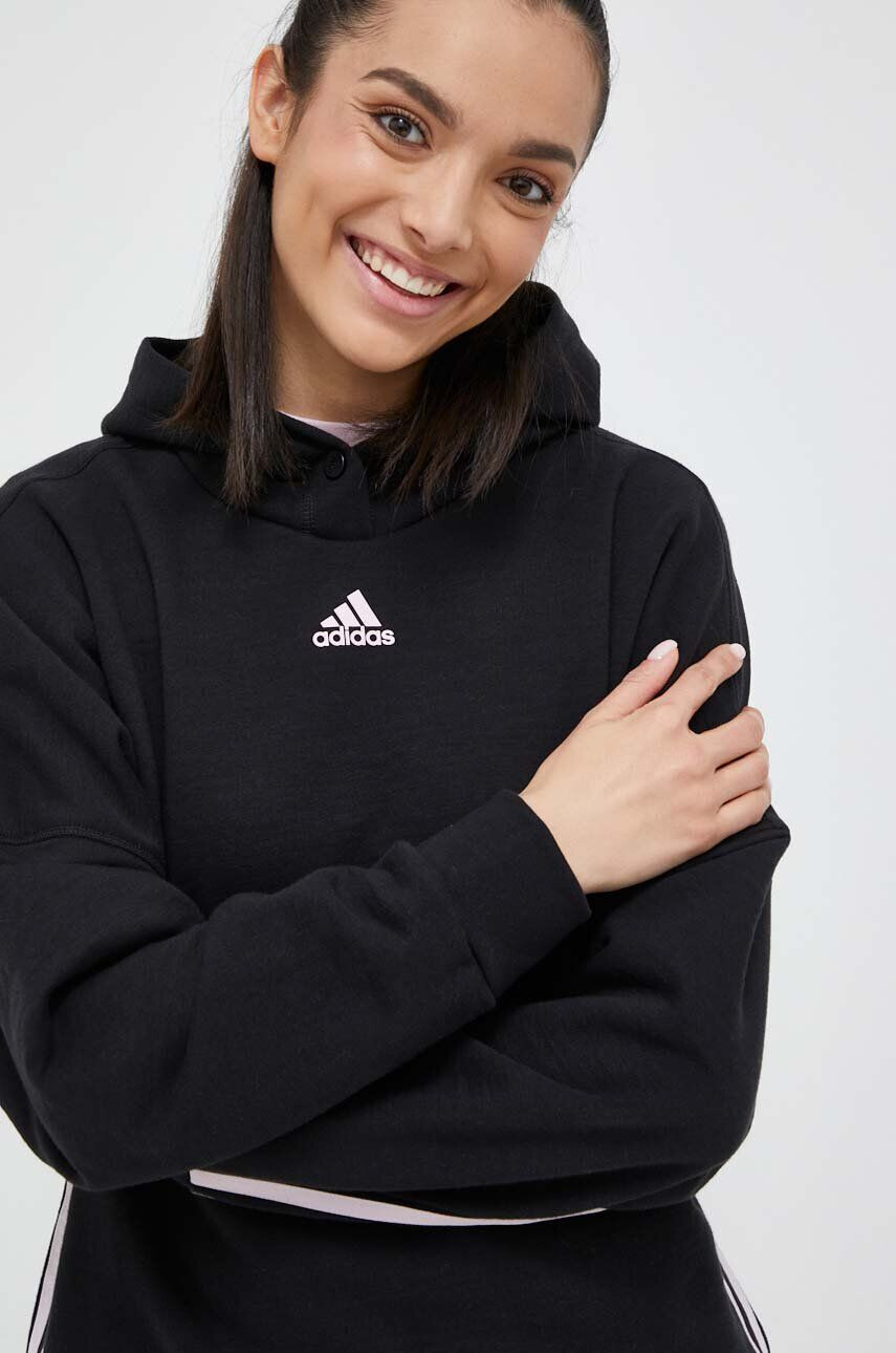 adidas bluza femei culoarea negru cu glugă cu imprimeu - Pled.ro