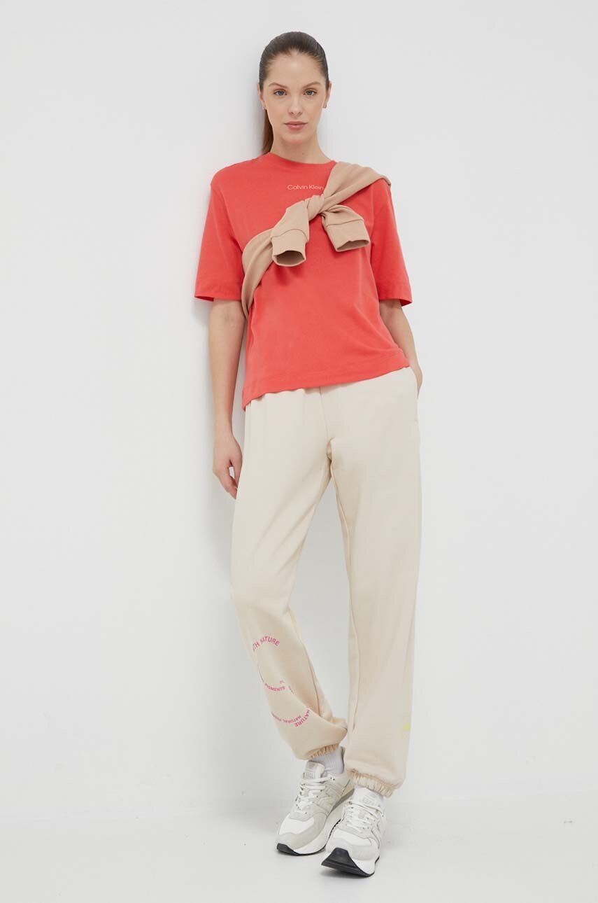 adidas by Stella McCartney pantaloni de trening din bumbac culoarea bej cu imprimeu - Pled.ro