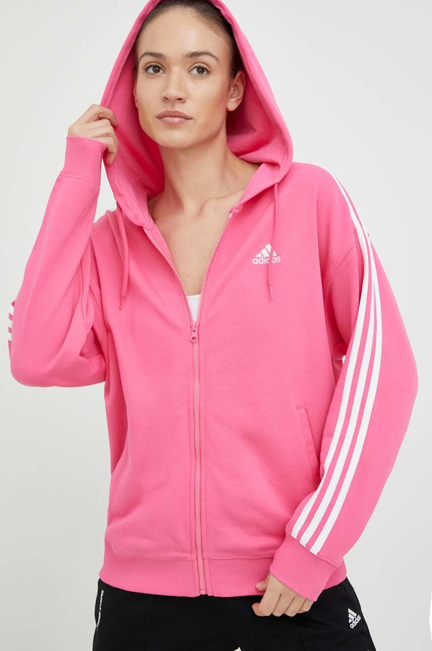 adidas hanorac de bumbac femei culoarea roz cu glugă cu imprimeu - Pled.ro