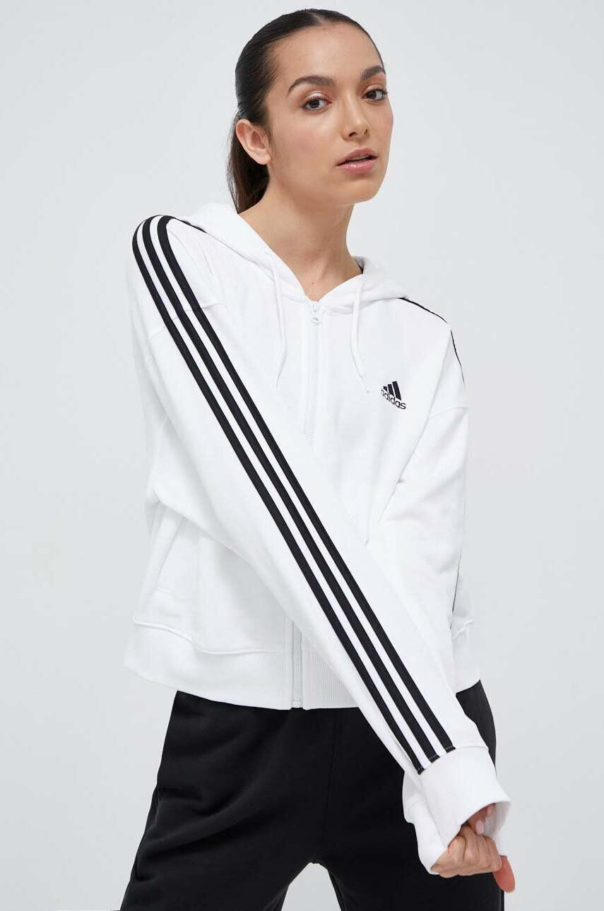 adidas hanorac de bumbac femei culoarea alb cu glugă cu imprimeu - Pled.ro