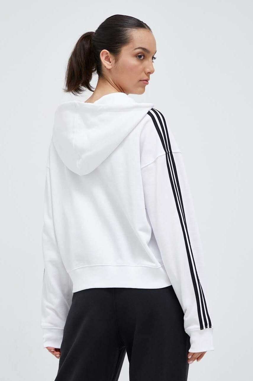 adidas hanorac de bumbac femei culoarea alb cu glugă cu imprimeu - Pled.ro