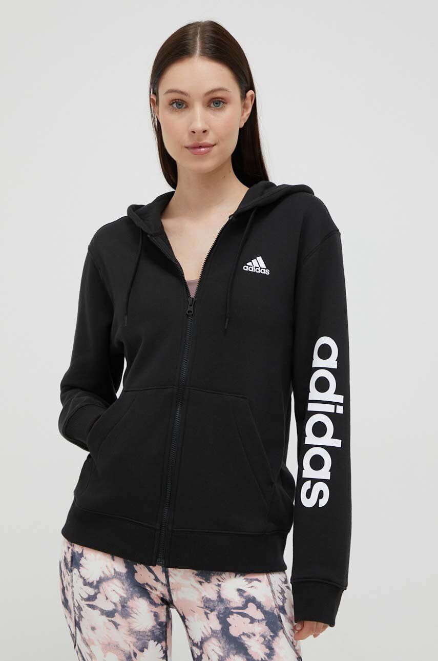 adidas hanorac de bumbac femei culoarea negru cu glugă cu imprimeu - Pled.ro