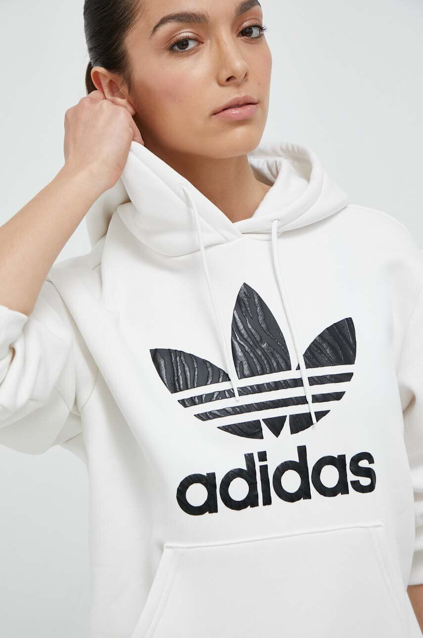 adidas Originals bluza femei culoarea negru cu glugă cu imprimeu - Pled.ro