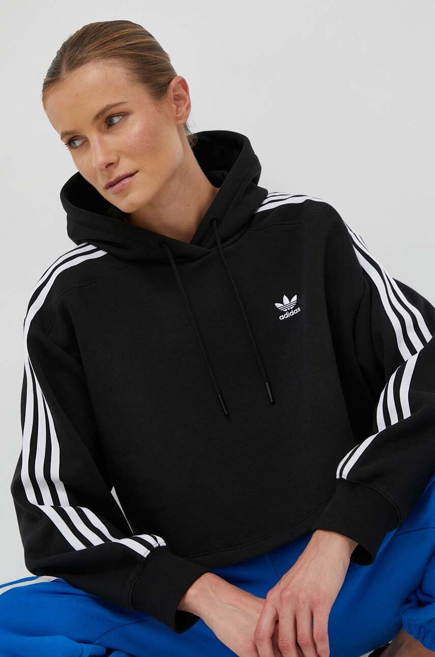 adidas Originals bluza femei culoarea negru cu glugă cu imprimeu - Pled.ro