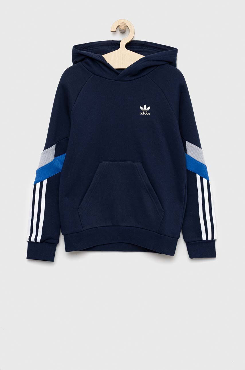 adidas Originals bluza copii culoarea albastru marin cu glugă cu imprimeu - Pled.ro