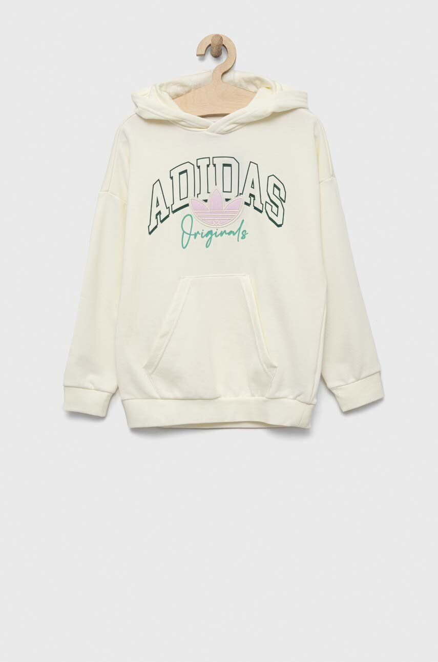 adidas Originals bluza copii culoarea bej cu glugă cu imprimeu - Pled.ro