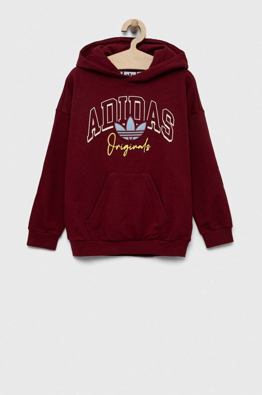 adidas Originals bluza copii culoarea bordo cu glugă cu imprimeu - Pled.ro