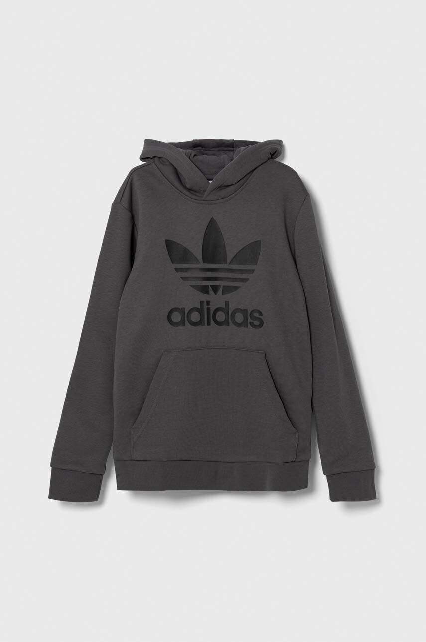 adidas Originals bluza copii TREFOIL culoarea gri cu glugă cu imprimeu - Pled.ro