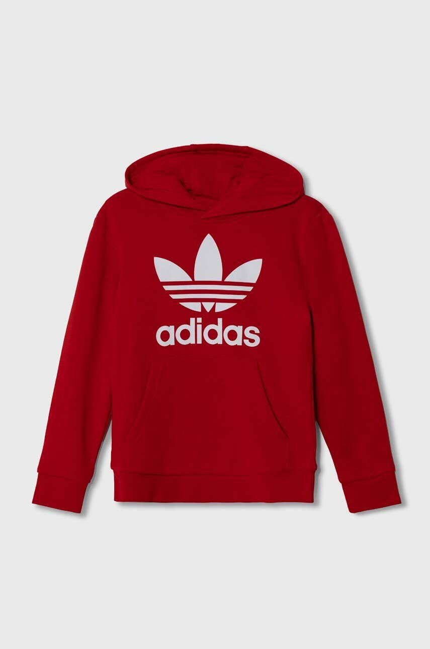 adidas Originals bluza copii TREFOIL culoarea rosu cu glugă cu imprimeu - Pled.ro