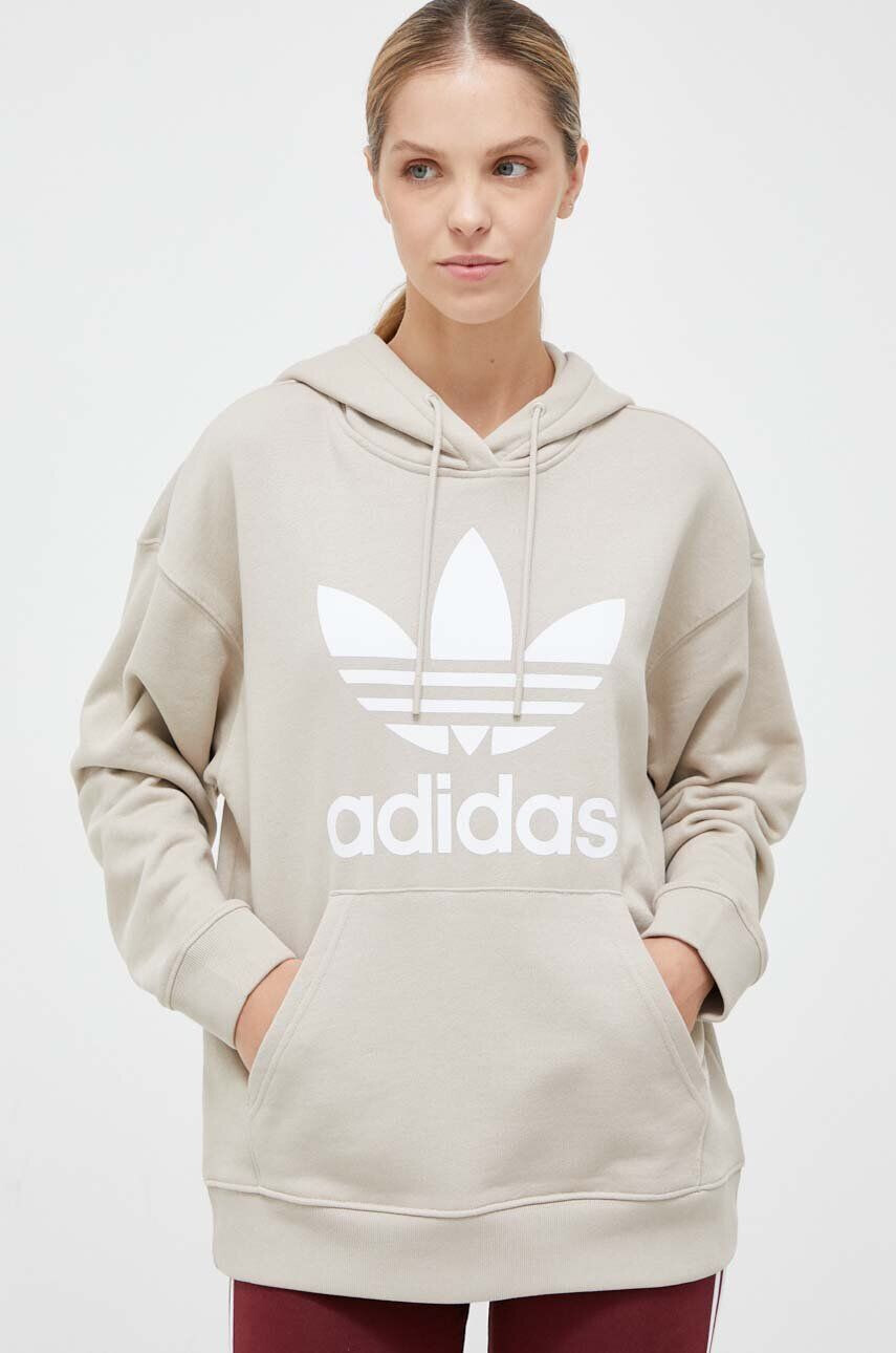 adidas Originals hanorac de bumbac femei culoarea negru cu glugă cu imprimeu - Pled.ro