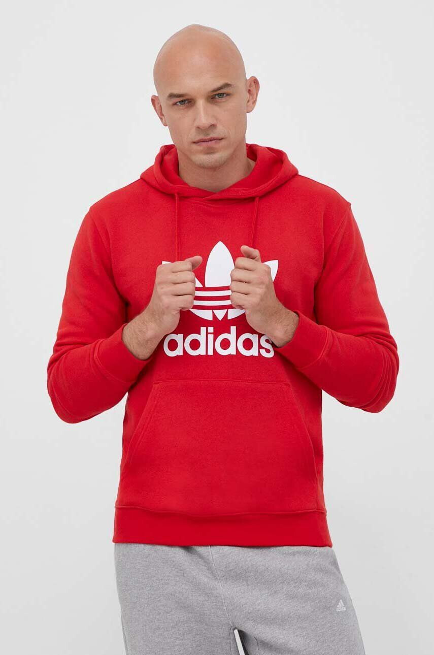 adidas Originals hanorac de bumbac barbati culoarea rosu cu glugă cu imprimeu - Pled.ro