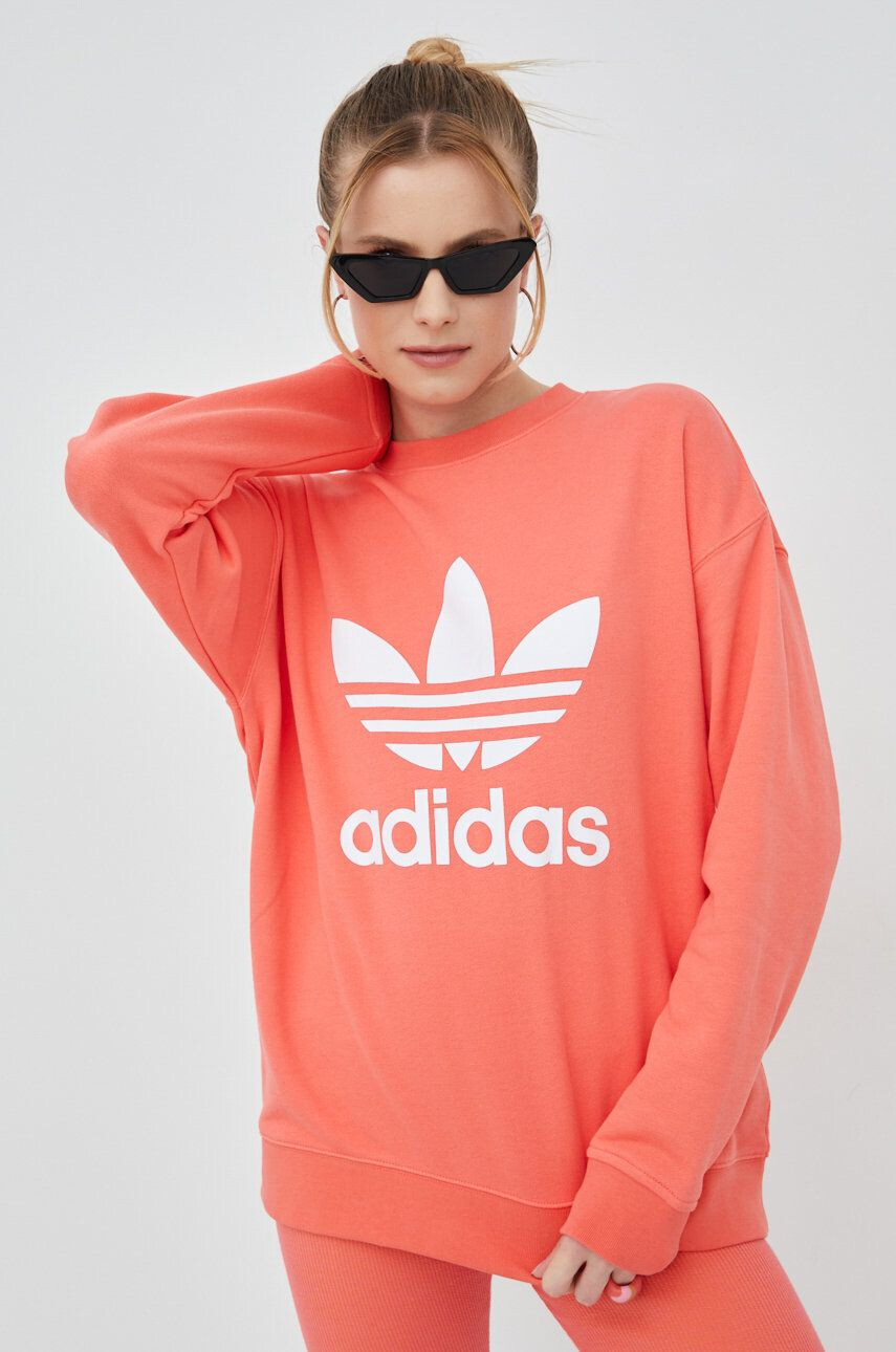 adidas Originals hanorac de bumbac HE9537 femei culoarea portocaliu cu imprimeu - Pled.ro