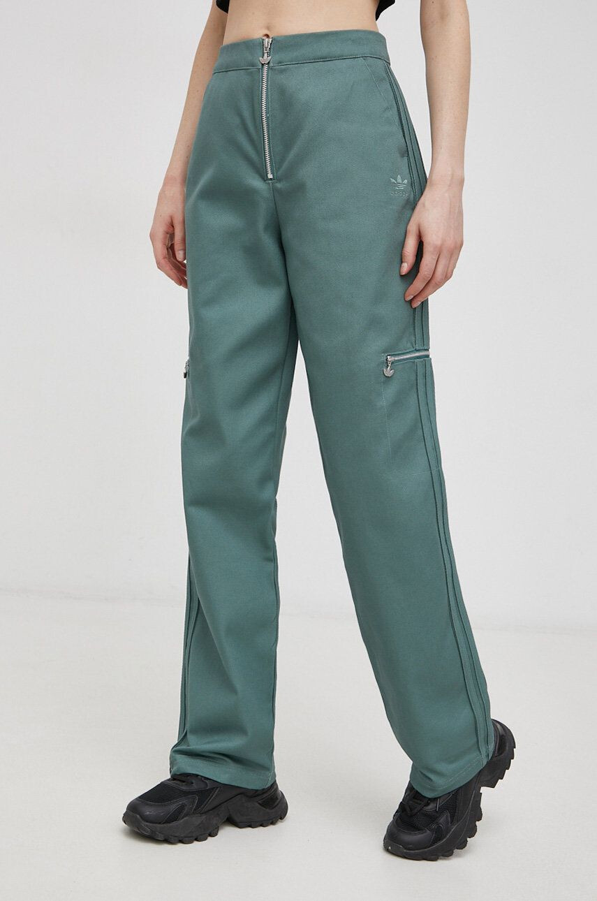 adidas Originals Pantaloni de bumbac HE4737 femei culoarea verde model drept high waist - Pled.ro