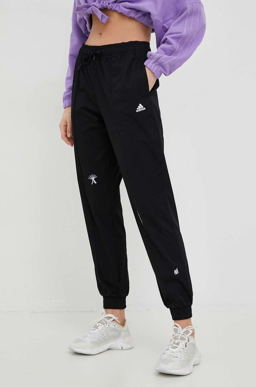 adidas pantaloni de bumbac femei culoarea negru cu imprimeu - Pled.ro