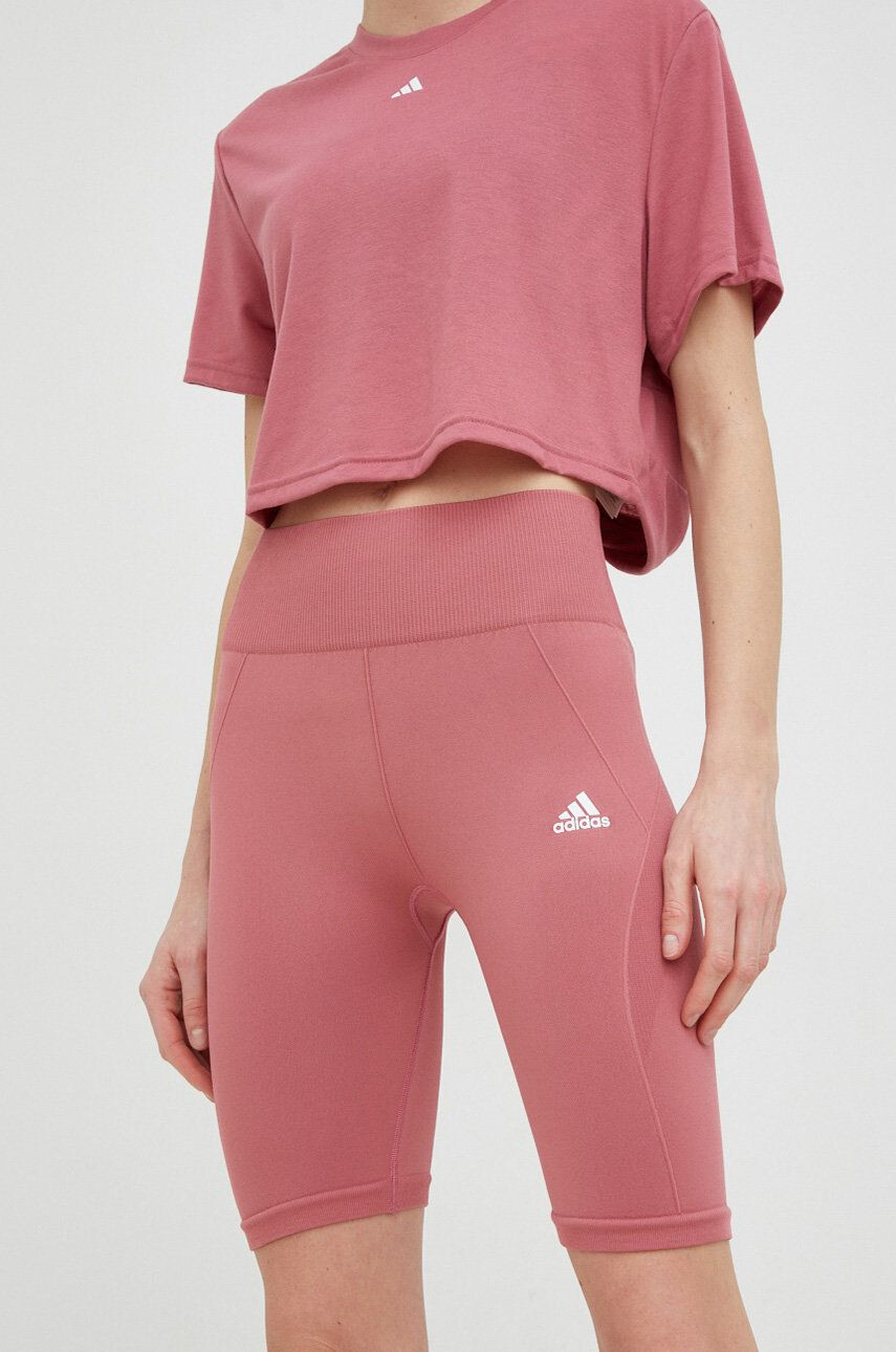 adidas Performance pantaloni scurți de antrenament femei culoarea roz neted high waist - Pled.ro