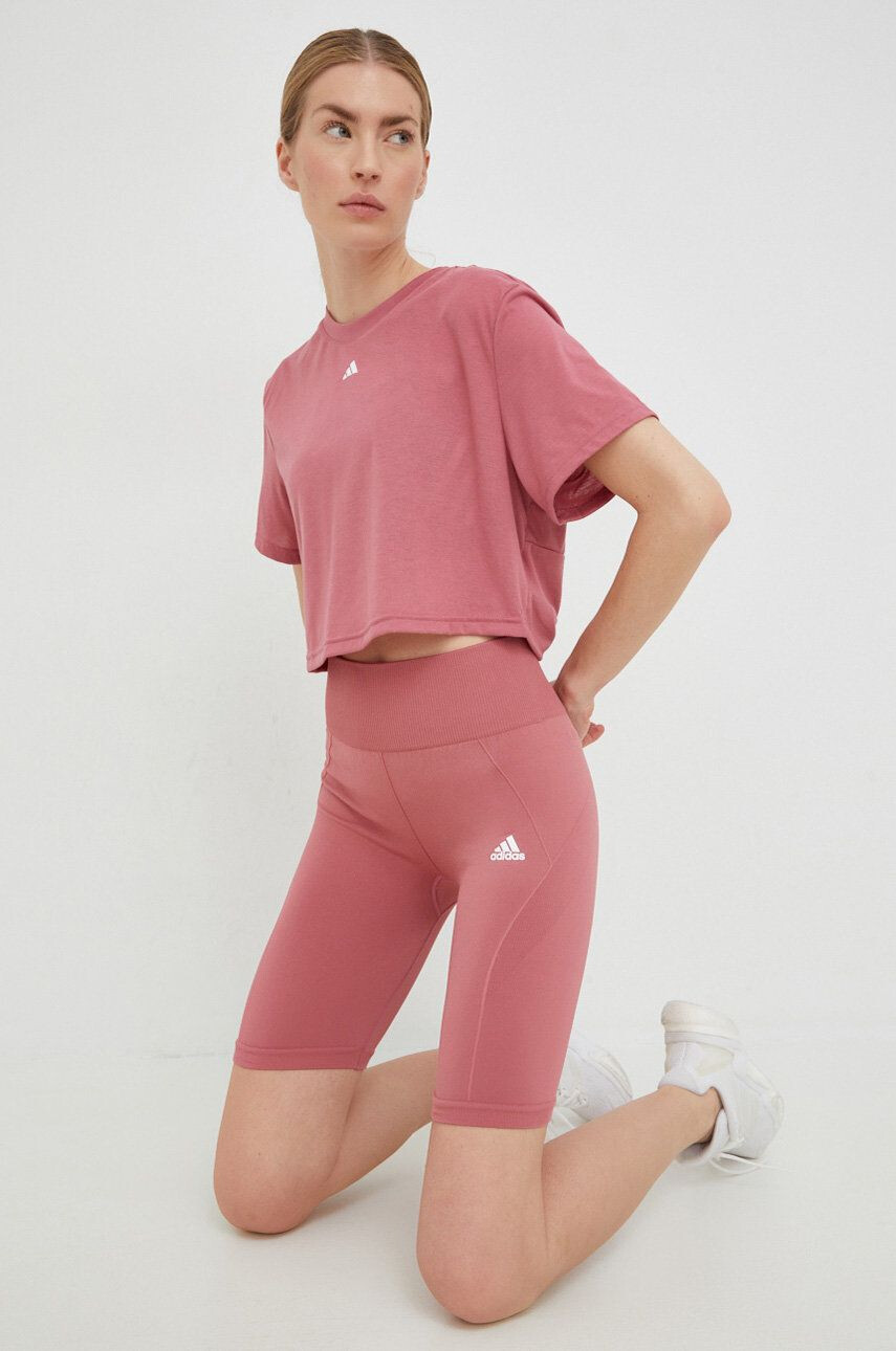 adidas Performance pantaloni scurți de antrenament femei culoarea roz neted high waist - Pled.ro