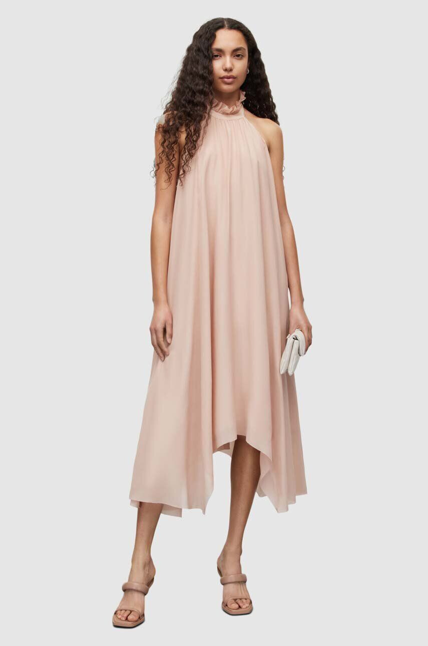 AllSaints rochie de matase culoarea roz midi evazati - Pled.ro