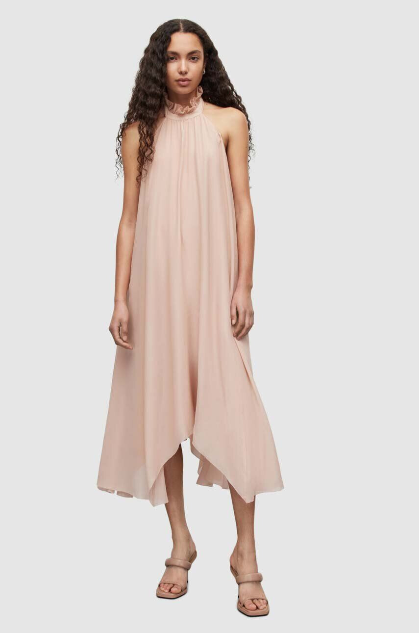 AllSaints rochie de matase culoarea roz midi evazati - Pled.ro