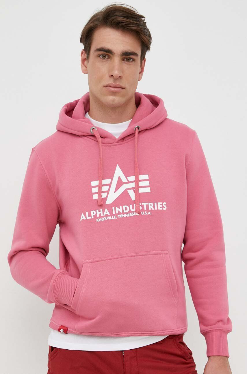 Alpha Industries bluza barbati culoarea roz cu glugă cu imprimeu - Pled.ro