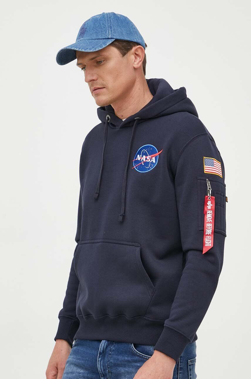 Alpha Industries bluză Space Shuttle Hoody bărbați culoarea albastru marin cu glugă cu imprimeu 178317.07-navy - Pled.ro