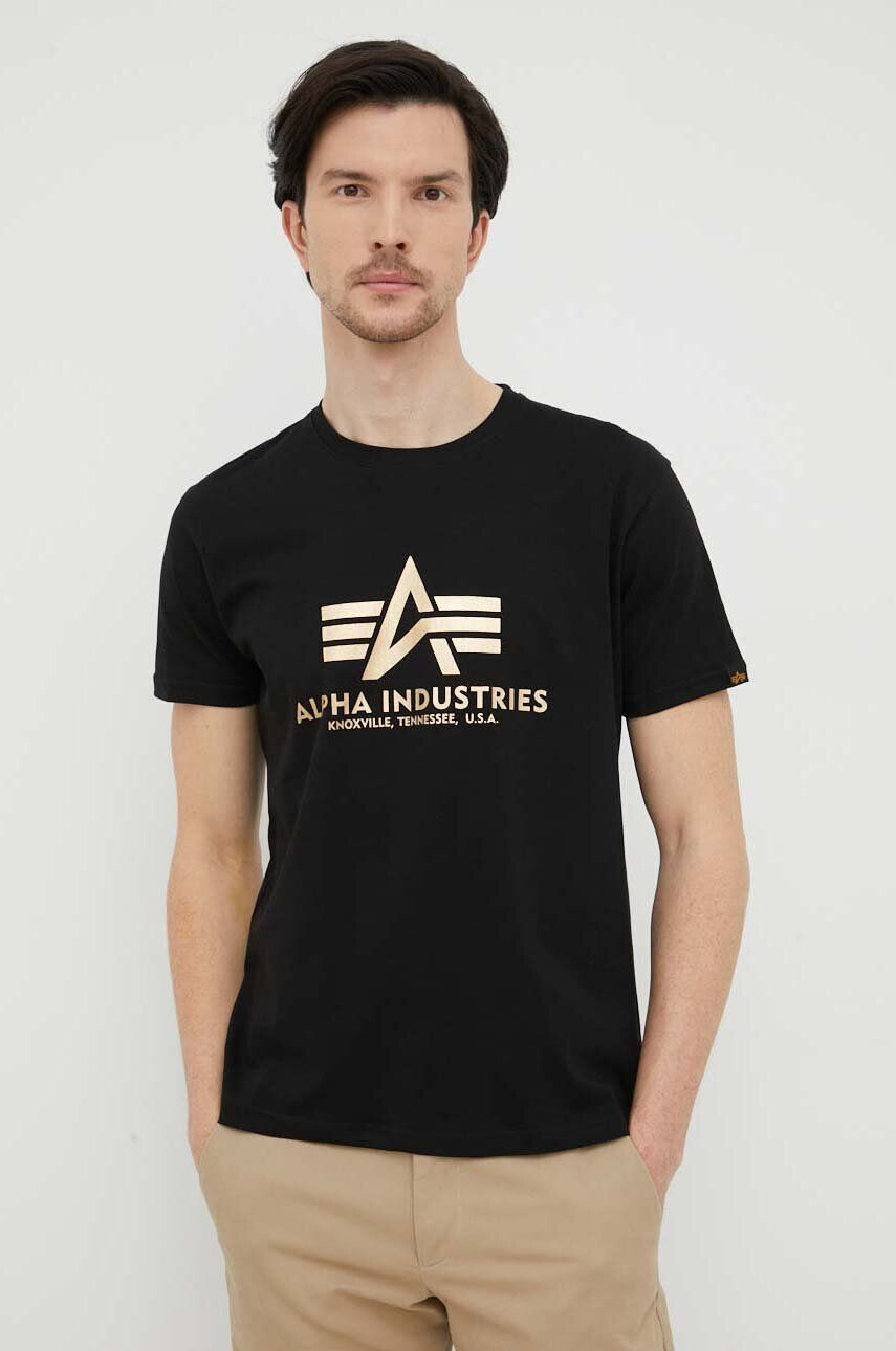 Alpha Industries tricou din bumbac Basic T-Shirt Foil Print culoarea negru cu imprimeu 100501FP.583-BlackGold - Pled.ro