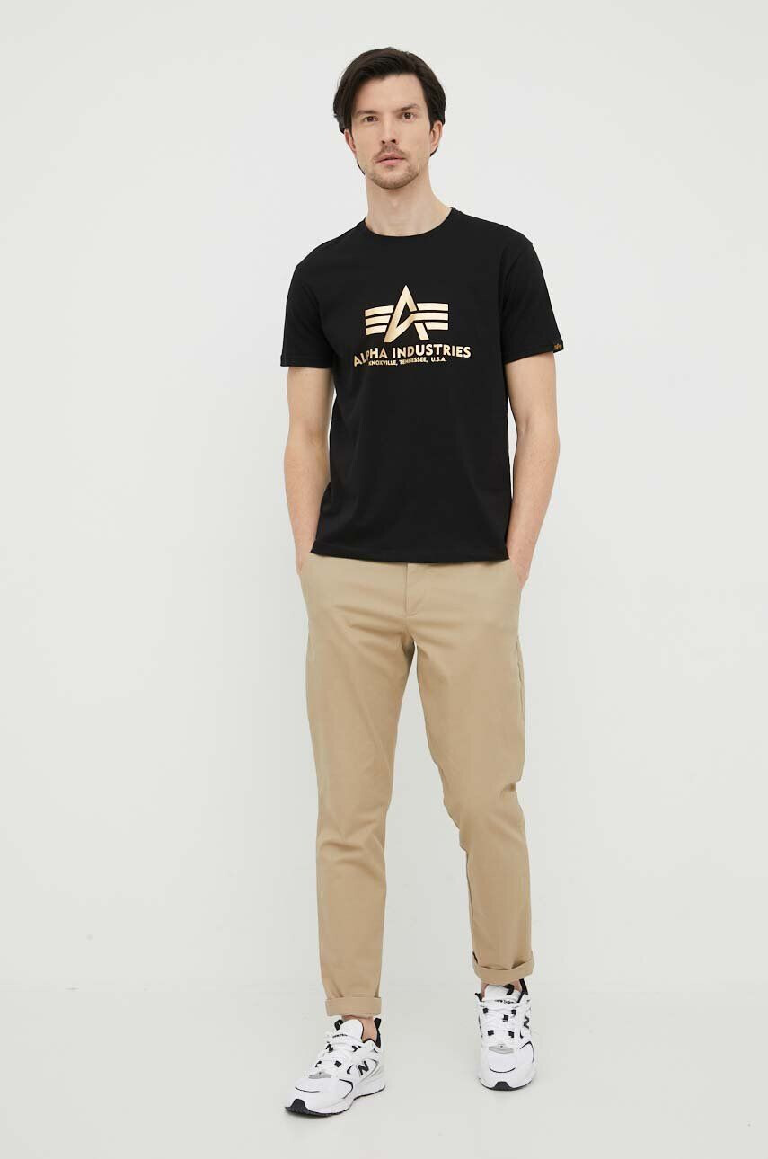 Alpha Industries tricou din bumbac Basic T-Shirt Foil Print culoarea negru cu imprimeu 100501FP.583-BlackGold - Pled.ro