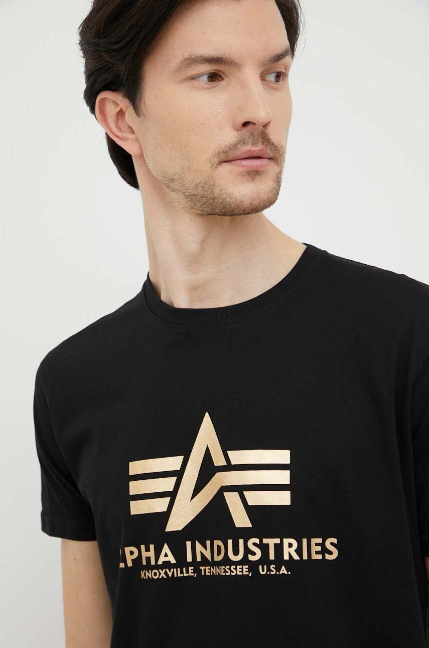 Alpha Industries tricou din bumbac Basic T-Shirt Foil Print culoarea negru cu imprimeu 100501FP.583-BlackGold - Pled.ro