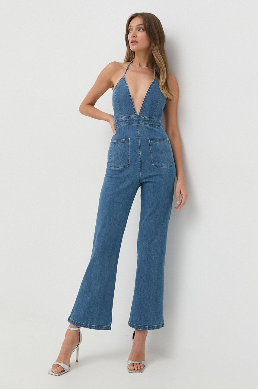 Bardot salopeta jeans cu decolteu in v - Pled.ro